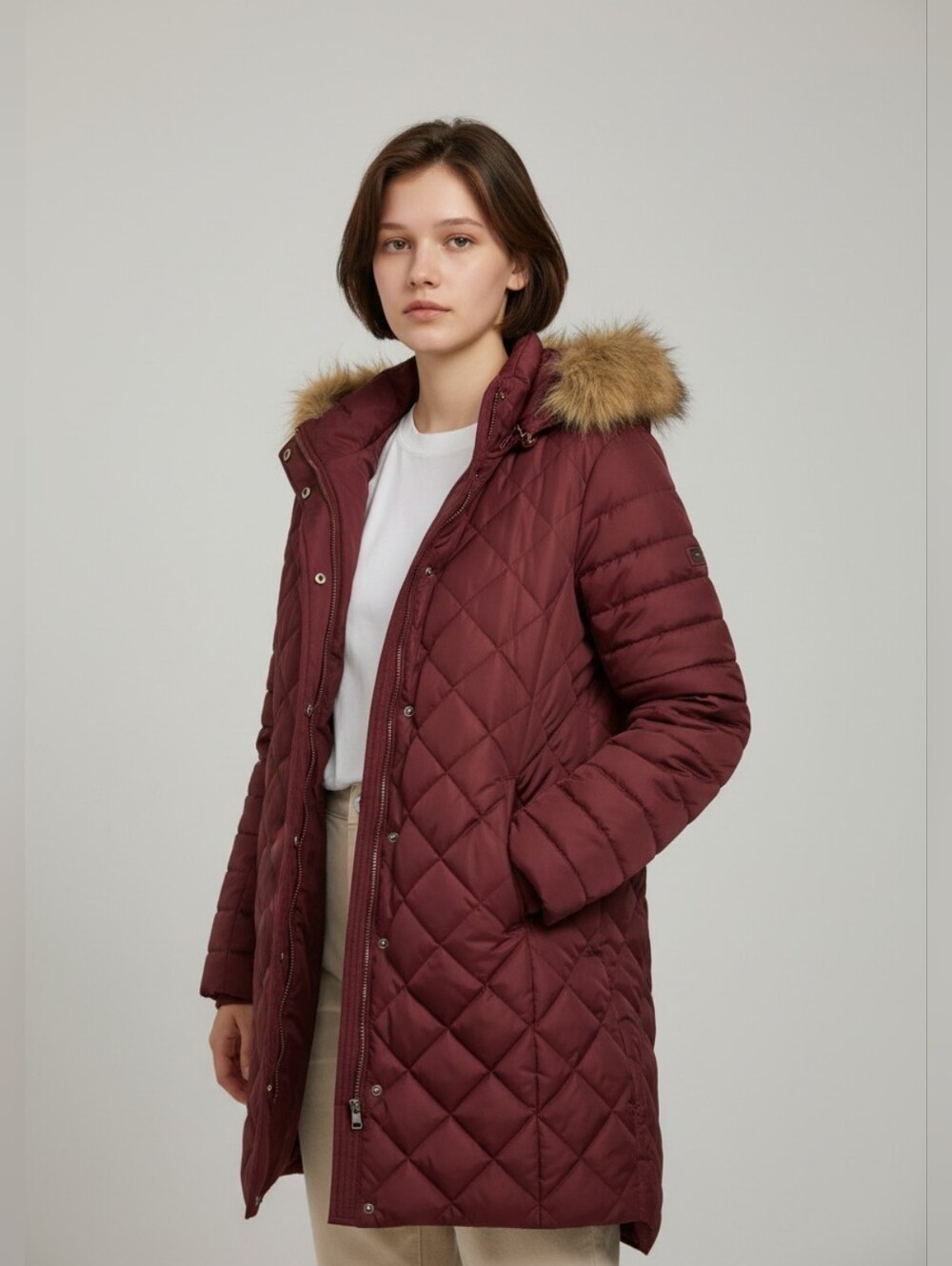 Kenneth Cole Long Hooded Down Faux Fur Puffer Coat Burgundy/Wine Size 1X